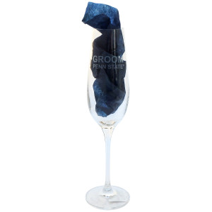 champagne flute with etched Groom over Penn State